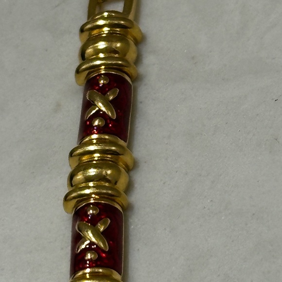 Vintage Joan Rivers Signed Red Enameled Gold Tone X Pattern Link Bracelet - Picture 5 of 9